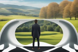 man standing in a split picture, open countryside, with trees on one side and a pristine futuristic city on the other side