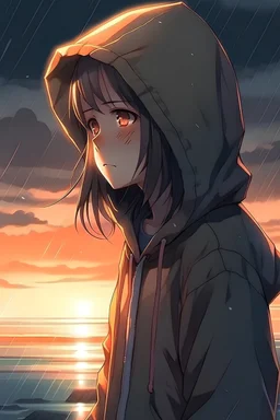 Anime girl with a hoodie in the rain, looking at the horizon with the sun setting from her back