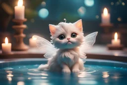 cute chibi cat fairy in a pool in spa in candlelight, ethereal, cinematic postprocessing, dof, bokeh