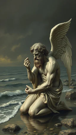 Charon on his knees on the shore wearing crying angel holding his head