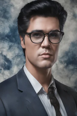 Elvis Presley as Clark Kent, 4k UHD, photorealistic, ((big, full, plump, pouty lips:1.5)) black hair, big cat-eye eyeglasses, dark blue foggy gradated marble wall background, extremely detailed skin texture,