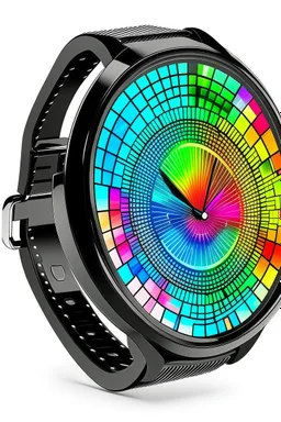 A modern smartwatch with a holographic interface featuring a kaleidoscope of ever-changing rainbow patterns.