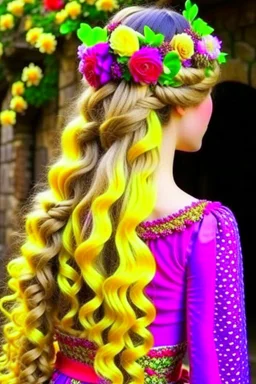 Princess Rapunzel's hair braided and decorated with flowers is beautiful and charming