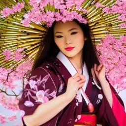 close-up portrait of gorgeous, stunning asian woman with bamboo umbrella, cherry blossoms, kimono, realistic, photo illustrative, ornate, 8K resolution, high-quality, fine-detail, digital art, detailed matte, brian froud, howard lyon, selina french, anna dittmann, annie stokes, lisa parker, greg rutowski, alphonse mucha