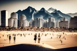 Modern city, people, mountains, sand