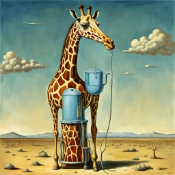 Neo Surrealism, surreal anthropomorphic giraffe water cooler, by Salvador Dali and Magritte, the curious circus, surreal masterpiece, strange inconsistencies and banal absurdities, weird colors, smooth, biohazardism