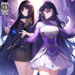 Clear focus,High resolution, black long fluffy hair, long fluffy bangs, purple eyes, wearing a magical uniform outfit, front hair cover eyes, wearing a short skirt, cool view