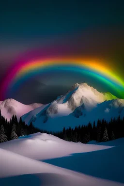 Ethereal cool rainbow diffusing over a snowy mountain range, with a full moon shining in the background, mystical, peaceful, serene, winter landscape, high detail..
