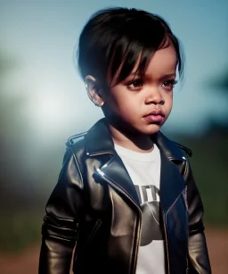 Rihanna toddler, full body, leather jacket, soft skin, dramatic lighting, hyper realistic