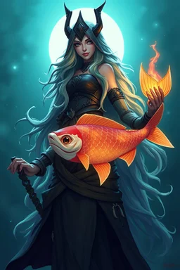 good low poly merman thief priest woman with long fur all over her entire body and bright aura and a nerd magical fish