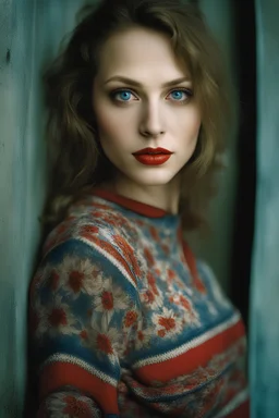 Face portrait of a beautiful Polish young woman taken by a Mamiya M645 camera with portrait lens on colour medium-format film, red lips, blue eyes, highly detailed pored skin, hard light,