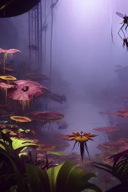 large venus fly trap with teeth eating a dragonfly, flowers, jungle, hyperrealistic, trees in background, digital art, alien like, disgusting, intricate, morbid, rainy, sinister, volumetric lighting, unreal engine, high resolution, 8k, depressing colors, dark colors, horror, horrific,