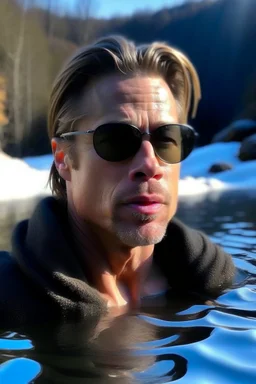 brad pitt bathing in a frozen lake with swimming glasses on