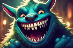 closeup on face of cute character with fur and big toothy grin, peculiar character style, cute monster