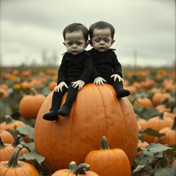 grainy photography, Anne Geddes's two baby Frankenstein sitting atop a giant pumpkin in a fantastical pumpkin patch, Anne Geddes fantastical nature background and aesthetic, satire, sophisticated, macabrely adorable