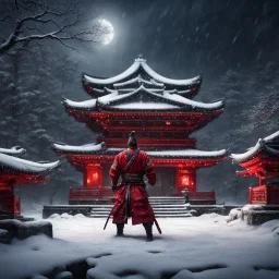 Hyper Realistic muscular-samurai training outside a Dark-Abandoned-Red-Colored-detailed-crafted-Chinese-Temple Almost Covered in Snow at dark-snowfall-night