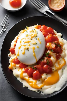 shocking bloody Guillotine magazine cover: Bloody Soft Eggs with Carbonara Cream. This dish is a bold twist on a classic, marrying the elegance of soft-cooked eggs with a rich, velvety carbonara cream, all brought together by a dramatic tomato-based sauce that adds a striking visual appeal.