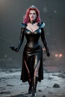 Kate Winslet as evil queen in black leather gown, cleavage, angry, stern look, unreal 5, octane render,cinema4d, dynamic lighting, dramatic lighting, 4k, redshift render, highly detailed, hyper realistic