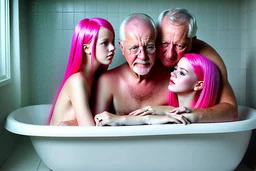 digital art of beautiful young pink hair teenage girls with dad in the bedroom in a bathtub with grandpa hugging bare lips