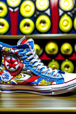 A converse sneaker, superman stickers all over sneaker