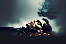 The blackest bile leaking out of the mouth of a dying man lying on the ground, dreamy, surreal, smokey, foggy