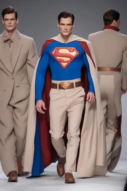 Superman on a winter fashion runway with moderna clothes inspired by Superman style, embroidery elegante fashion beige tones