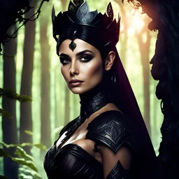 Morena Baccarin as a beautiful sexy dark elf queen seated elegantly on a throne in a mystical forest, dark celtic vignette frame, photo-realistic, cinematic lighting, award-winning photography