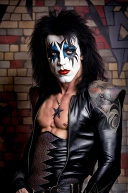 text 'KISS' - head and shoulders portrait, KISS - Paul Stanley, Black star on right eye, Chest and stomach hair, rose tattoo on right shoulder, black spandex and leather, 8-inch high platform boots, - a multicolored cement wall in the background,