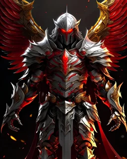 silver and gold armor with glowing red eyes, and a ghostly red flowing cape, crimson trim flows throughout the armor, the helmet is fully covering the face, black and red spikes erupt from the shoulder pads, crimson and gold angel like wings are erupting from the back, crimson hair coming out the helmet, spikes erupting from the shoulder pads and gauntlets, sitting on a burning throne of skulls