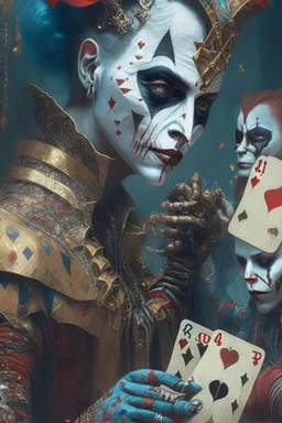 A harlequin character, playing cards with other people , sf, intricate artwork masterpiece, ominous, matte painting movie poster, golden ratio, trending on cgsociety, intricate, epic, trending on artstation, by artgerm, h. r. giger and beksinski, highly detailed, vibrant, production cinematic character render, ultra high quality model