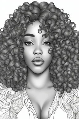 Create a coloring page of a beautiful curvy black female looking to the side with curly hair. No shading, No color, clean lines