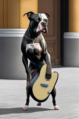 One single mature Staffordshire terrier, friendly, playing guitar in the street , Vienna, opera, sunny day, model style, hyper realistic, extremely accurate, delicate, extremely detailed, Graphic novel style, wide-angle, open aperture, superfine pencil