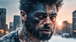 Double exposure, Wolfman, photorealism, man, city, sunset, snow, rain, fantasy, mystical, tattoo, vertical pupils, high detail, high resolution, 8K