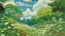 An illustration by Monet and Miyazaki of a landscape of blooming flowers and lush vegetation.