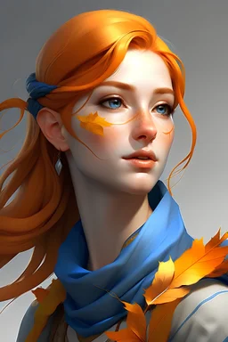 DnD character Eladrin autumn female with orange hair, pale orange skin, blue eyes