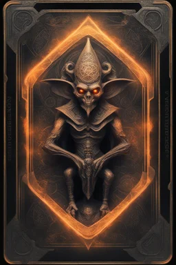 sacred geometry framed playing card, black and orange smoke goblin Leprechaun gremlin with shadows boss card in the style of Giger and fallout 4 ,,bokeh like f/0.8, tilt-shift lens 8k, high detail, smooth render, down-light, unreal engine