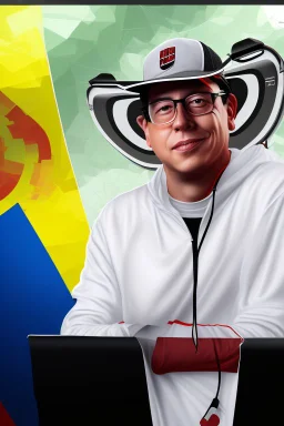 Ilustración vectorial de Gustavo Petro con gorra deportiva camisa colores negro, blanco y rojo, fondo negro