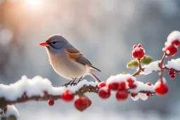 A beautiful colourful little bird catches a red berry with its beak while standing on a snowy branch in sunshine, ethereal, cinematic postprocessing, bokeh, dof