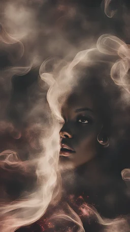 beautiful black women in red Smokey ethereal, heavenly background