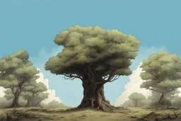 tree , overgrown apocalyptic background, comic book,