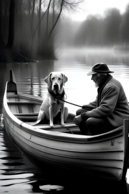 crea un perro y su dueño pescando desde una canoa de madera con el estilo blanco y negro