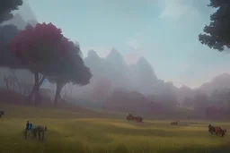 illustration fantasy horses of different colors in a field from afar