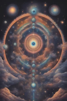 The axis of all angles,trippy cosmic scene,multiple eyes gazing trough the universe, enlightenment in the third eye