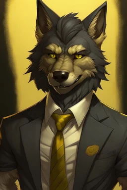 Buff, anthro, wolf, himbo, black fur, gold eyes, wearing a suit