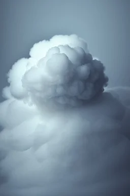 a photo of a single very small puffy cloud with a glowing realistic white orange lighting bolt coming from the bottom of the cloud striking angled; multiple tendrils; on a clean background of blue grays; very moody; studio lighting; colorfully