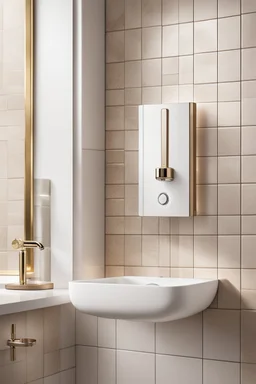 A stunning poster showcasing a wall-mounted automatic soap dispenser in a luxurious bath setting. The soap dispenser is sleek and modern, exuding a sense of elegance and convenience. The dispenser is mounted on a beautifully tiled wall, adding to the luxurious ambiance of the scene. A hand, perfectly manicured, can be seen under the dispenser, capturing the moment as it pours a stream of liquid soap into the palm. The hand is gracefully positioned, emphasizing the fluidity and smoothness of the