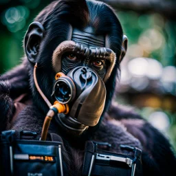 Ape, Primate, hominid, breathing device, respirator, Dystopian, Extreme depth of field, bokeh blur, Alberta, all-natural, in the style of candid, Fuji Film, Anamorphic lens