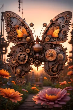 As the sun sets on a steampunk garden, a mechanical butterfly takes flight, its wings a blur of gears and mechanisms, landing gracefully on a vibrant, otherworldly flower.