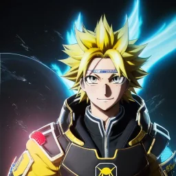 Detailed anime portrait of denki From my hero academia, yellow hair, black suit, intricate details, full body portrait, keep head in frame, slight smile, black Japanese motif, concept art, highly detailed, digital painting, concept art, sharp focus, illustration, art by Yoji Shinkawa, WLOP and greg rutkowski and alphonse mucha and artgerm and yanjun Chen and Junji ito and Makoto Shinkai, HDR, octane render