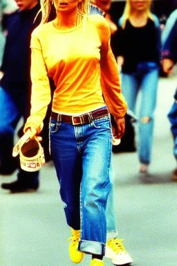 year 1996 denim fashion. Loose fit, low waist, baggy. Colors: denim blue, blue, purple, khaki, light green, lilac, plum, orange, terracotta, red, light yellow, lion yellow, pink, dark blue, beige. Women models. Jennifer Lopez, Kate Moss, Gwyneth Paltrow. Big tennis shoes on.